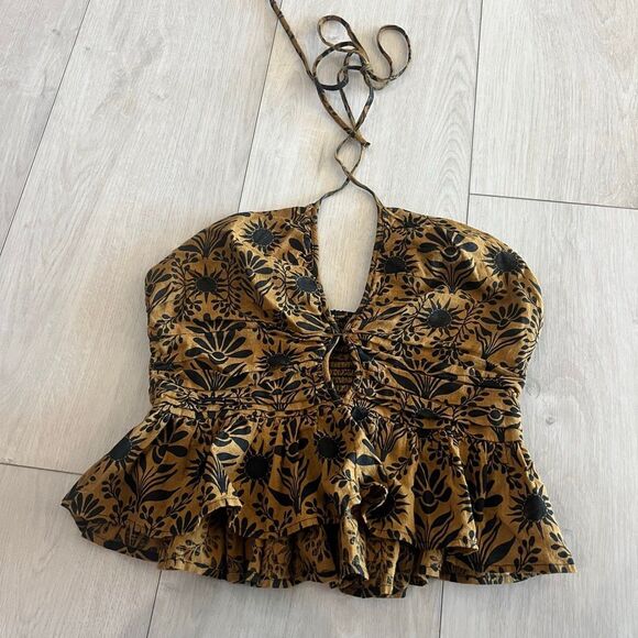FREE PEOPLE Dandelion Halter Top ~ Elderwood Brown Motif Floral Size s - Picture 1 of 8